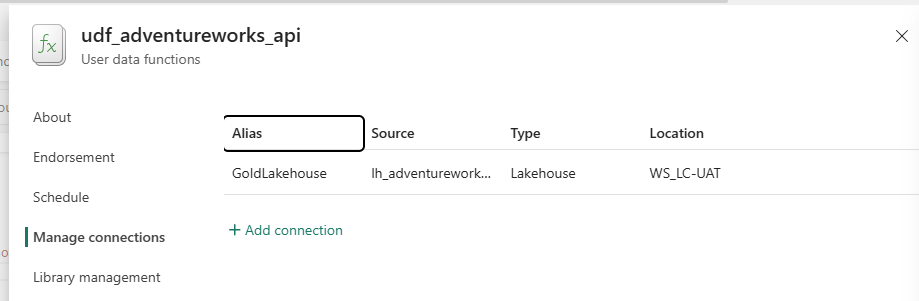 Manage connections panel — udf_adventureworks_api — one connection: Alias GoldLakehouse, Source lh_adventurework..., Type Lakehouse, Location WS_LC-UAT. Plus Add connection button below.