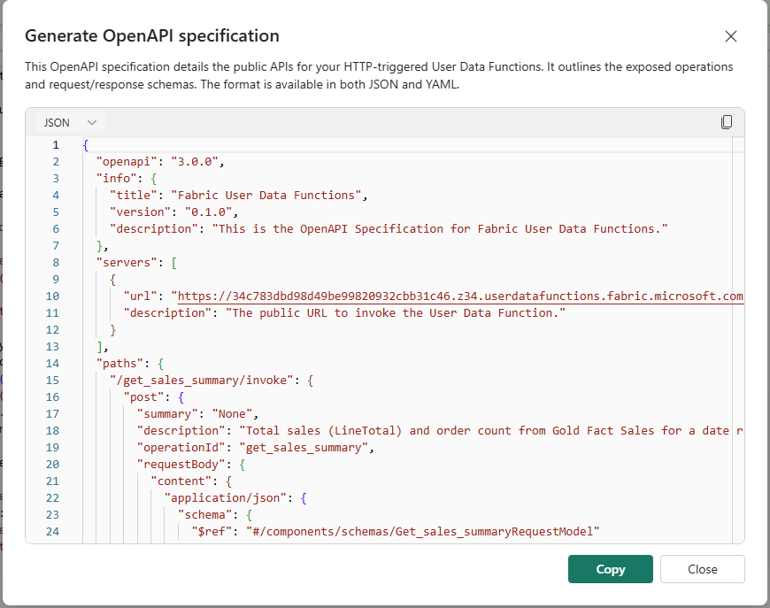 Generate OpenAPI specification dialog — JSON/YAML toggle at top. JSON spec shown: openapi 3.0.0, info title Fabric User Data Functions version 0.1.0. Servers section shows the full UDF base URL. Paths section: /get_sales_summary/invoke post operation with description listing Args and Returns. /get_gold_freshness/invoke also listed.