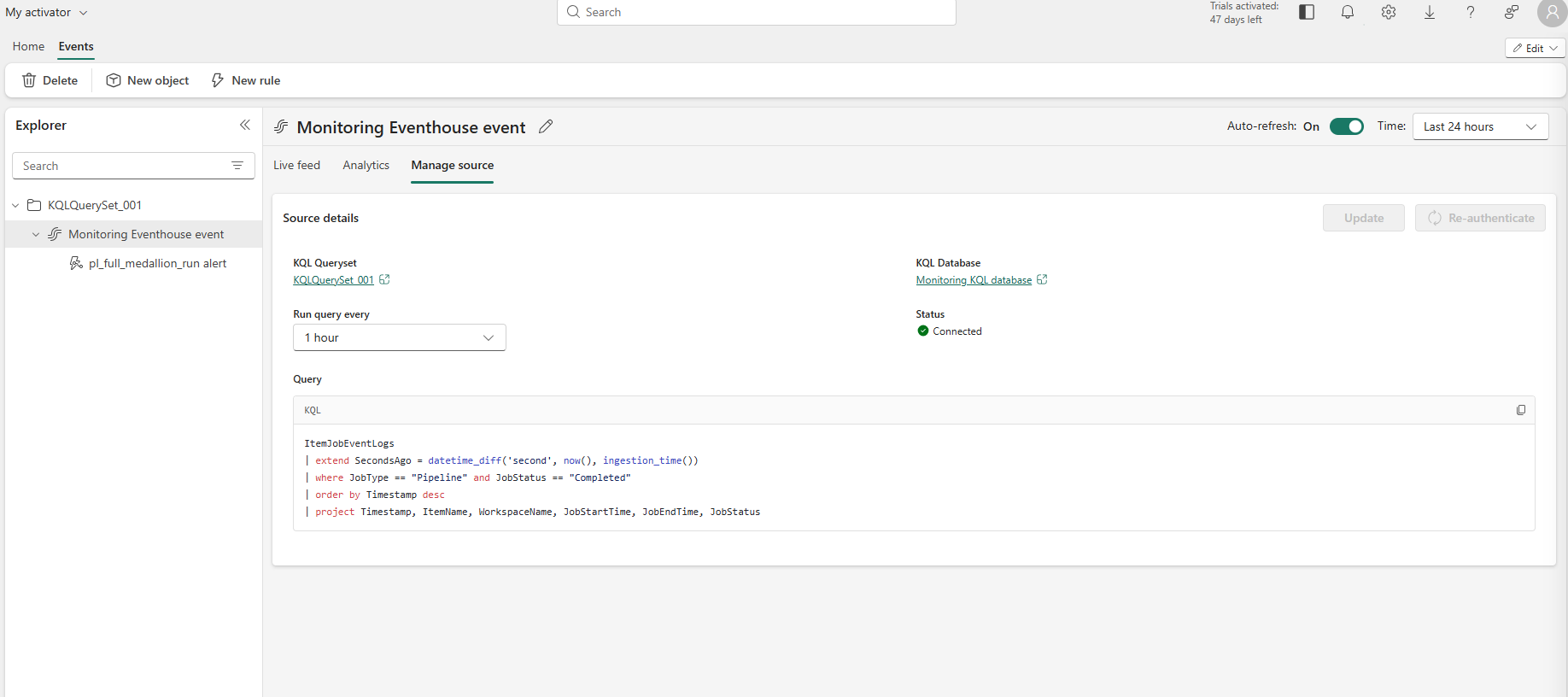 Activator Manage source tab showing the KQL query and 1-hour poll interval