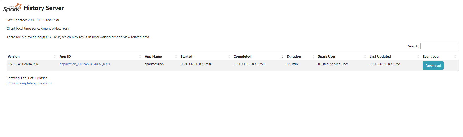 Apache Spark History Server landing page — header: Last updated 2026-07-02 09:22:38, Client local time zone America/New_York. Warning: There are big event logs (73.5 MiB) which may result in long waiting time to view related data. Table: Version 3.5.5.4.20260403.6, App ID application_1782480404097_0001, App Name sparksession, Started 2026-06-26 09:27:04, Completed 2026-06-26 09:35:58, Duration 8.9 min, Spark User trusted-service-user. Download button at right.