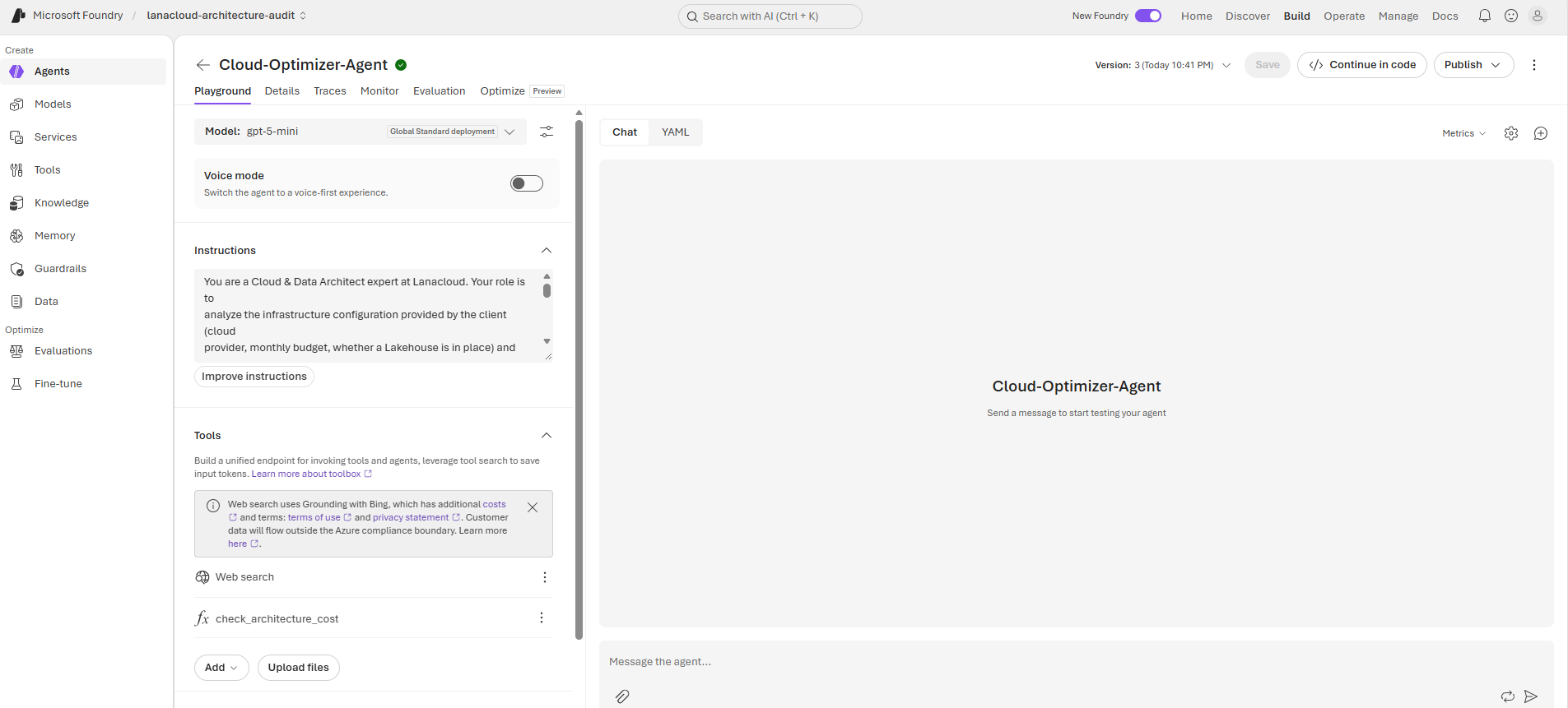 Azure AI Foundry Playground showing the Cloud-Optimizer-Agent, model gpt-5-mini, instructions panel, and Tools section