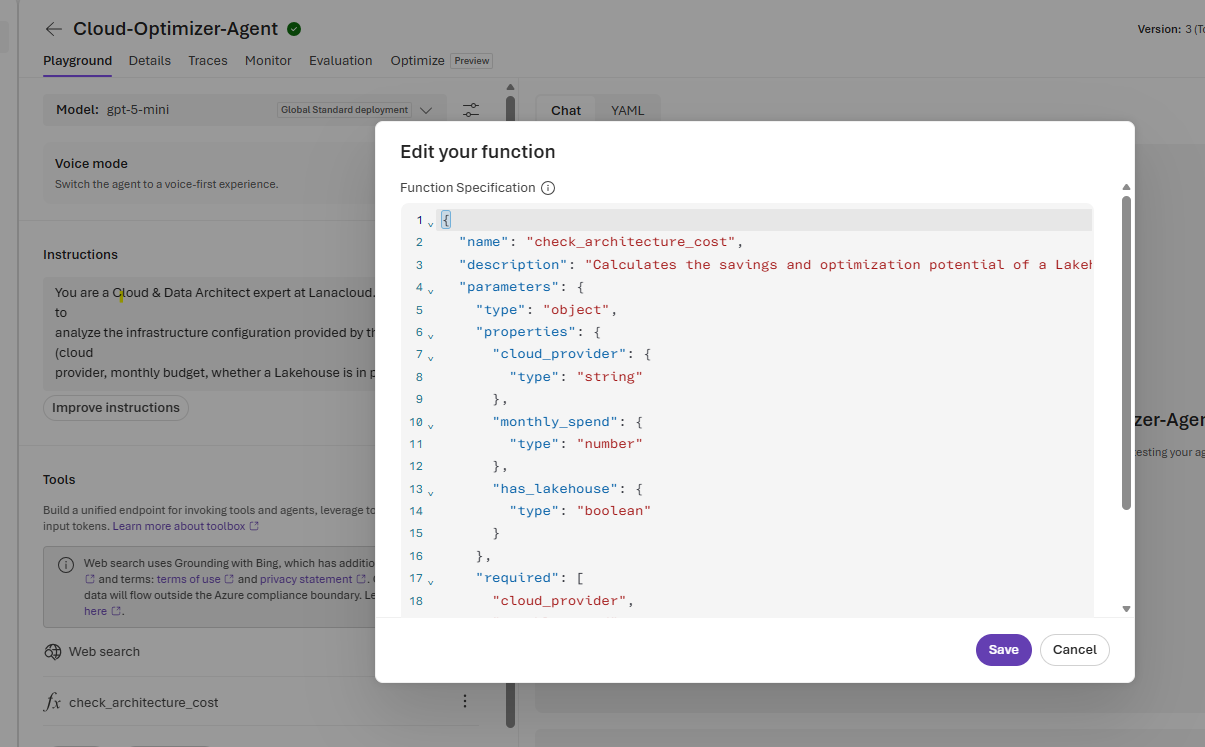 Azure AI Foundry Tools panel showing check_architecture_cost registered on the agent, with the Edit your function dialog displaying its JSON Schema