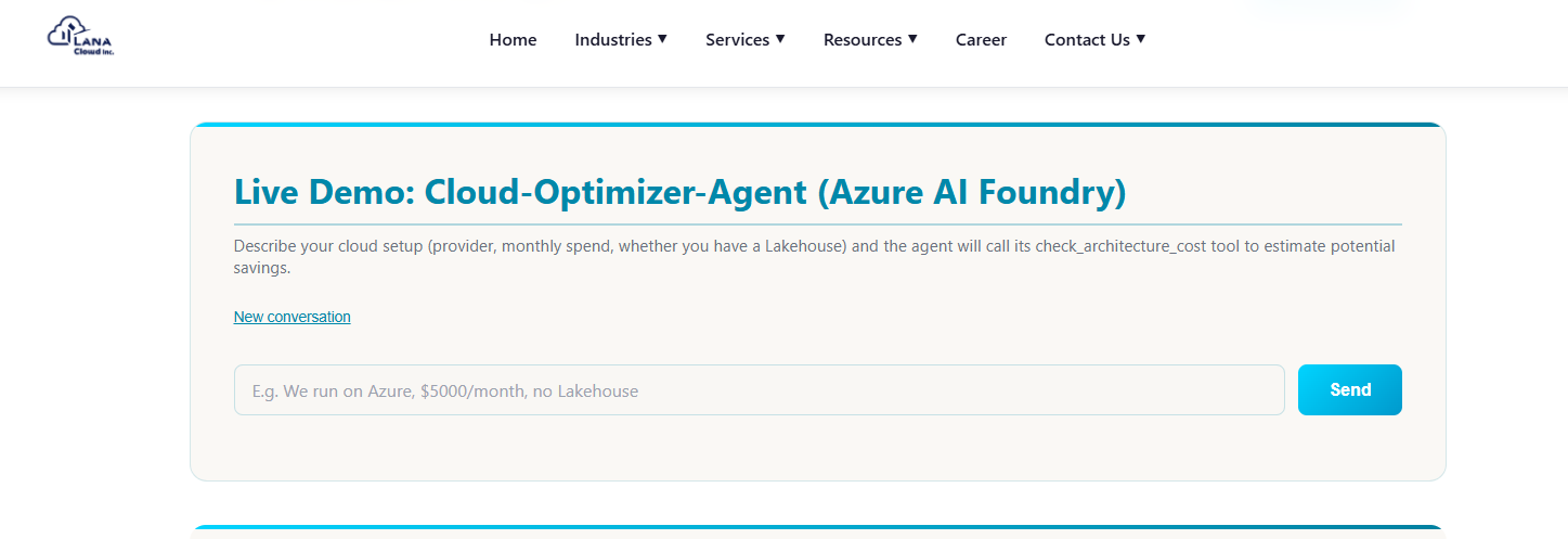 Live Cloud-Optimizer-Agent demo widget on lanacloud.com showing a user message and the agent's cost-savings recommendation