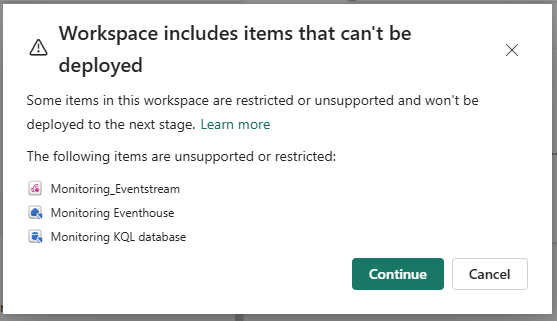 Warning dialog: 'Workspace includes items that can't be deployed — Some items in this workspace are restricted or unsupported and won't be deployed to the next stage.' Listed: Monitoring_Eventstream, Monitoring Eventhouse, Monitoring KQL database.