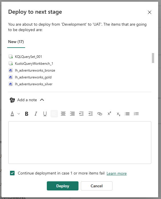 Deploy to next stage dialog — 'You are about to deploy from Development to UAT. New (17): KQLQuerySet_001, KustoQueryWorkbench_1, lh_adventureworks_bronze, lh_adventureworks_gold, lh_adventureworks_silver...' Continue deployment in case 1 or more items fail checkbox is checked.