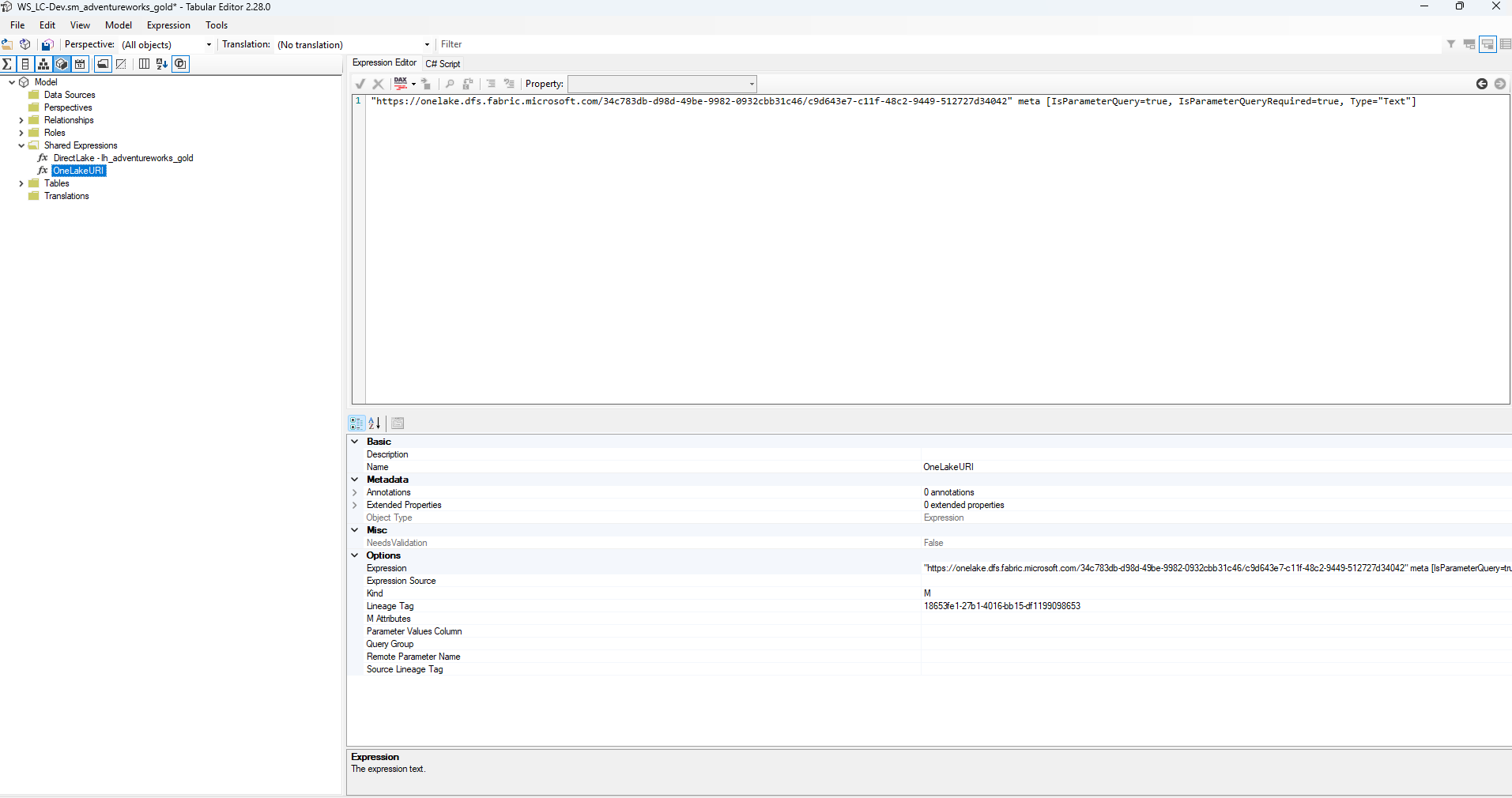 Tabular Editor — WS_LC-Dev.sm_adventureworks_gold Shared Expressions, OneLakeURI selected. Expression shows full onelake.dfs.fabric.microsoft.com URI with Dev workspace and Lakehouse GUIDs. IsParameterQuery=true, IsParameterQueryRequired=true, Type=Text.
